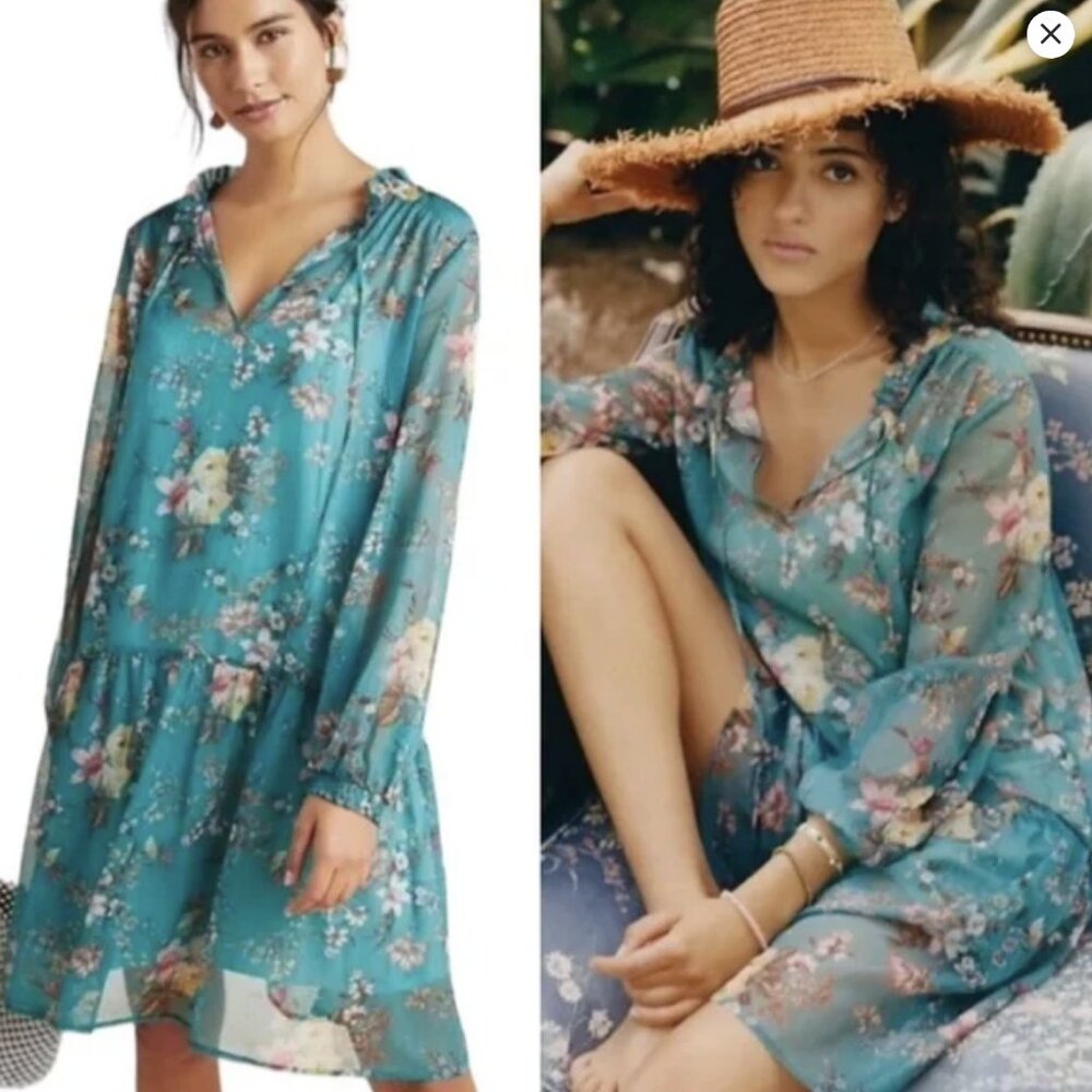 Anthropologie Maeve Emmy Teal Floral Tunic Long Sleeve Chiffon Sheer Dress | M